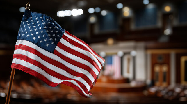 US flag in sharp focus before blurred oval hearing chamber, polished wood paneling, iconic official seal behind, representing democratic process and civic governance