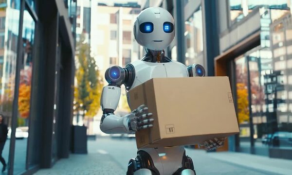 Autonomous delivery robots reshape logistics, offering fast and reliable services in urban areas. AI and automation in modern delivery. Copy space available. Concept Delivery robots on town