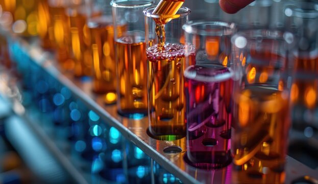 Hand pouring vibrant orange fluid into a test tube on a rack, with other colorful liquids