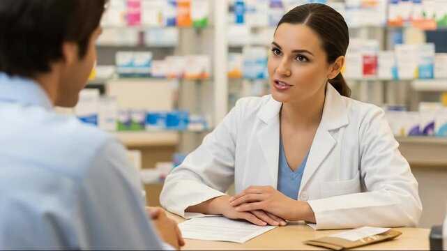 Pharmacist consultation in modern pharmacy setting: engaged communication and professional guidance