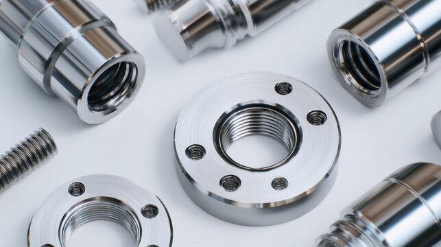 Collection of machined metal parts neatly arranged on white surface, shiny precision components reflecting light, industrial manufacturing and mechanical engineering focus