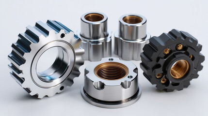 Shiny metal components from precision engineering, small mechanical elements on clean white surface, lathe production and industrial manufacturing focus