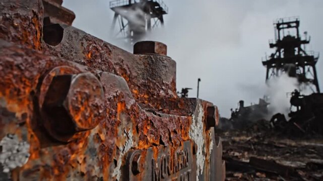 Aerial drone captures industrial decay and rusting machinery in a polluted landscape from a low angle viewpoint