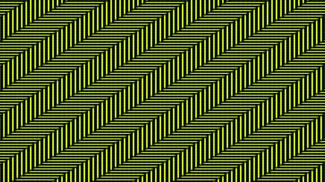 Abstract yellow chevron pattern built with sharp diagonal geometry. Bold zing zag lines generate optical illusion and visual rhythm. Modern graphic background with strong contrast on black surface.