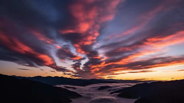 A serene landscape featuring a vibrant dusk sky with dramatic clouds over a tranquil terrain viewed from a distant vantage point