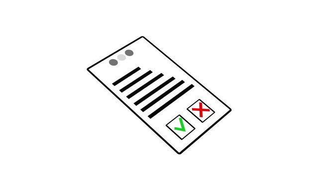 Line art document Approval and rejection symbols. Green check mark and red cross show decision status with header indicators. Minimal outline icon design on white background.