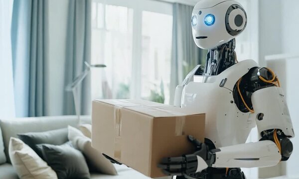 Home assistant robot carrying package in bright room. AI-powered home assistant robot simplifying tasks. Smart solutions with home assistant robot for efficient home management. copy space