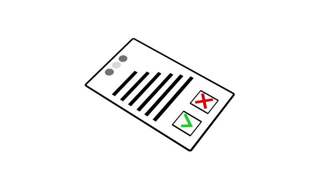 Outline document illustration displaying approval and rejection indicators. Green check mark and red cross convey clear decision outcomes. Minimal line icon with header dots on white background.