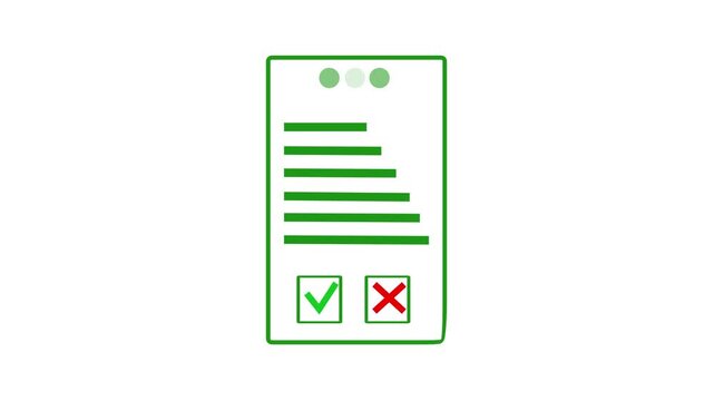 Green line art of a document with a green check mark and red cross, and three light green circles at the top on a white background,Minimal line icon with header dots on white background.