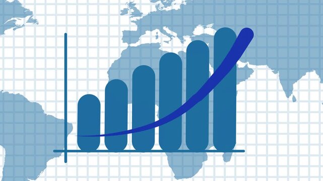 Blue bar chart illustrating global growth across a world map. Financial data visualization combines analytics with geographic insight. Modern business infographic with grid overlay design.