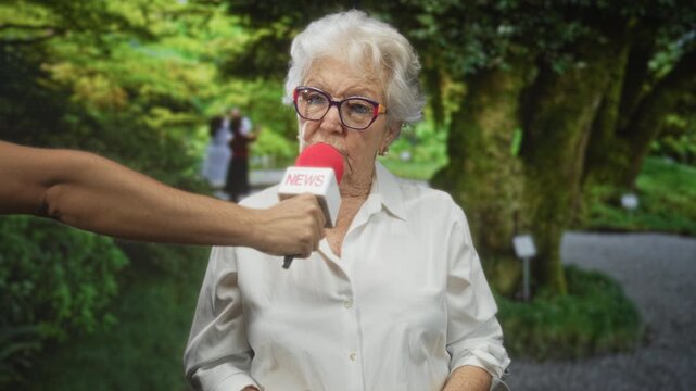 Elderly woman places a hand on her chest and answers into a red news microphone held by a reporter in a forest interview; concerned testimony.