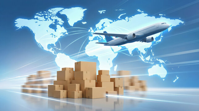 An airplane in flight transports cargo over a world map. Boxes are stacked to represent logistics and shipping. This scene shows the speed of modern supply chains and international delivery