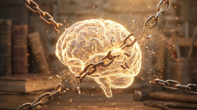 A brain shatters chains in a moment of liberation, representing the breakthrough of knowledge and the power of education. Books surround the scene, emphasizing growth and innovation