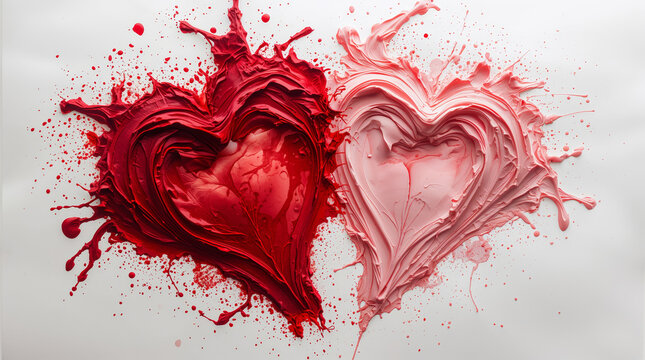 Two heart shapes made from red and pink paint are splashed on a plain background. This artwork represents love and affection, perfect for Valentine's Day cards or greetings