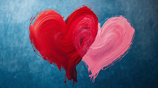 Two hearts in red and pink colors blend together against a blue background. This artwork captures themes of love and connection suitable for Valentine's day cards and decorations