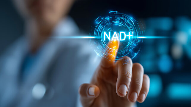 Doctor using virtual touch screen pressing NAD+ text, faceless physician, intravenous injection vitamins supplements minerals, medical concept visualization, defocused clinical int