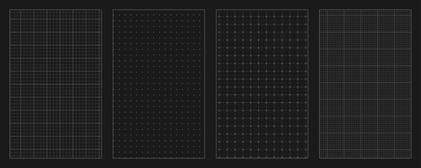Black blueprint grid background set. Square grid notebook sheets, school note paper texture, editable stroke vector design for technical drawings, planners and templates