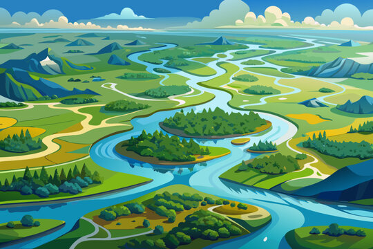 Aerial view of vast river delta system with complex network of waterways weaving through lush green vegetation, natural patterns of wetland landscape.