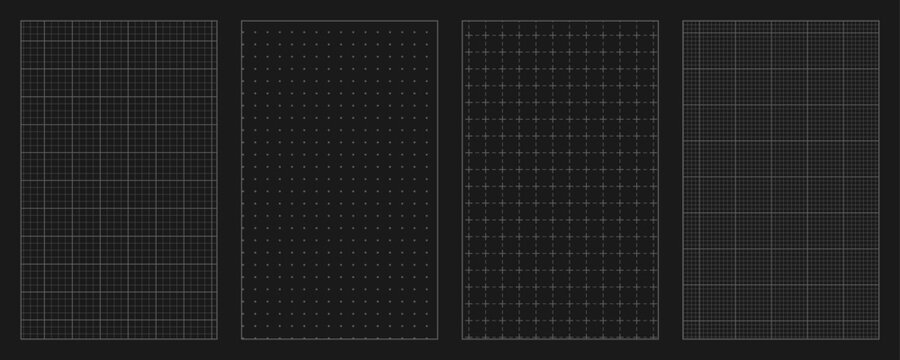 Black blueprint grid background set. Square grid notebook sheets, school note paper texture, editable stroke vector design for technical drawings, planners and templates