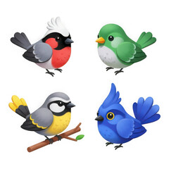 Four colorful birds isolated on transparent background