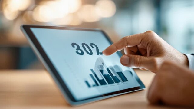 Exploring data graphs and statistics on a tablet in an indoor workspace, showing a zero percent value on the screen