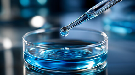 Clear petri dish with blue liquid and pipette dropping single drop, shallow depth of field, scientific research medical testing concept, defocused laboratory surface, with copy spa