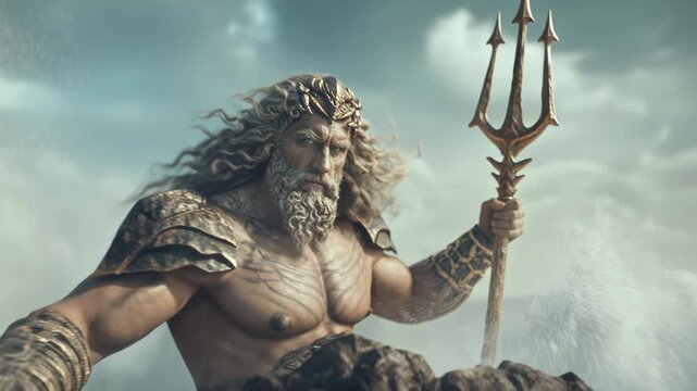 Poseidon stands strong by the ocean's edge holding a trident with waves crashing around him in bright sunlight