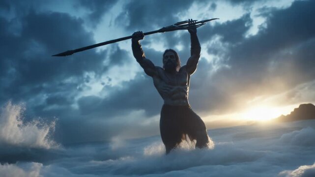 Poseidon stands in the ocean holding a trident at sunset time with dark clouds in the background