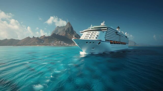 Cruise ship sails in clear blue water near mountains in tropical location during bright sunny day