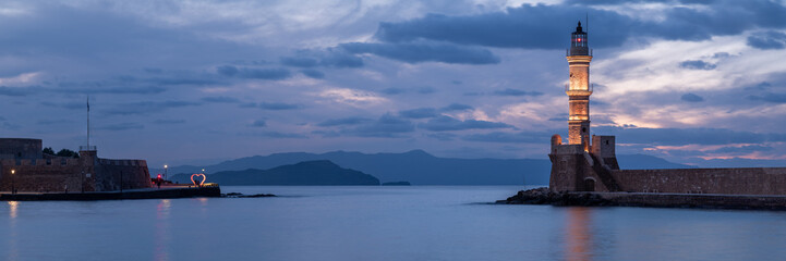 Chania Old Harbor Lighthouse at Blue Hour Panorama, Crete Greece