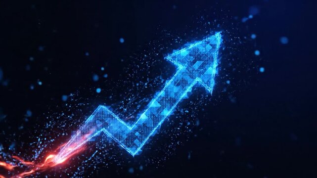 Digital arrow pointing upwards, composed of blue and red particles on a dark background