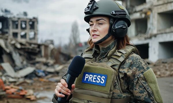 female reporter on a devastated city street. Reporting from war zones requires courage and protection. A journalist's presence in dangerous areas highlights the risks of journalism on the front lines.