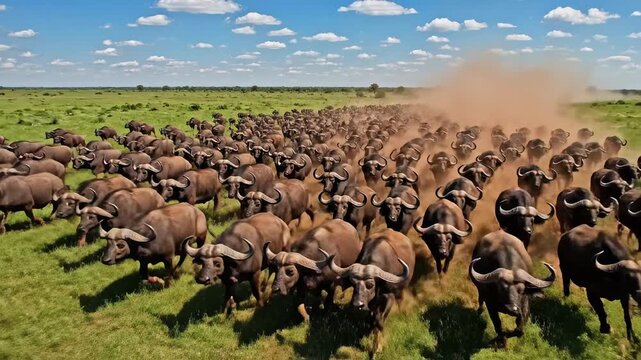 Herd of buffaloes running in grassland