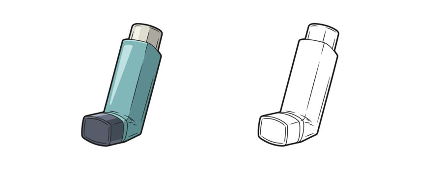 Pocket asthma inhaler shown in teal colored and black outline versions in cartoon style used for respiratory medical treatment and breathing on a white background
