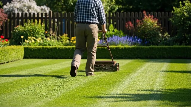Man mowing lawn in lush garden with vibrant flowers on a sunny day