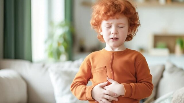 Red-haired boy in orange shirt holding his stomach, standing in a bright, cozy living room, concept of stomach ache, parasites, and digestive issues in children