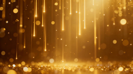 Elegant Gold Sparkle Background with Falling Light Lines and Soft Bokeh