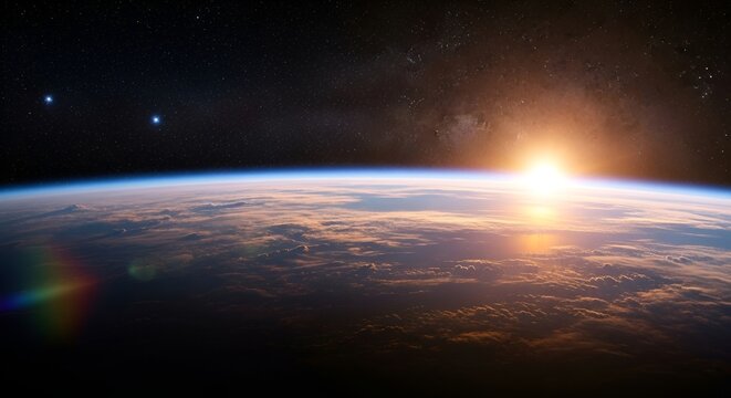 Dramatic view of earth horizon with glowing sun at the edge of atmosphere