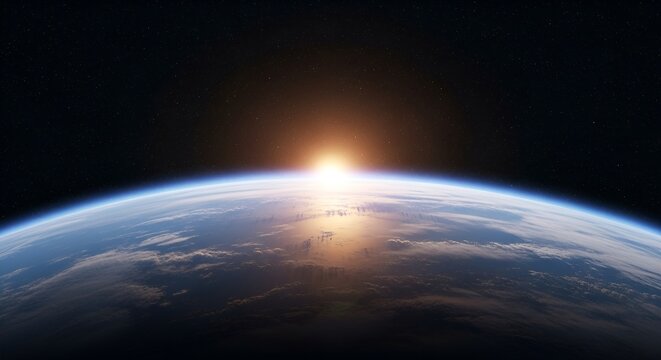 Planet earth sunrise from space with stars and milky way background