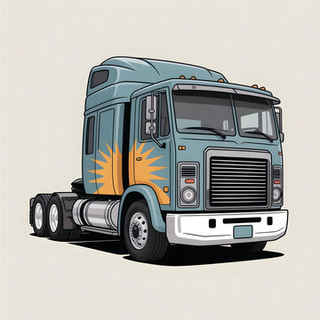 Vintage Flat-Nose Semi-Truck Illustration with Sunburst Graphics