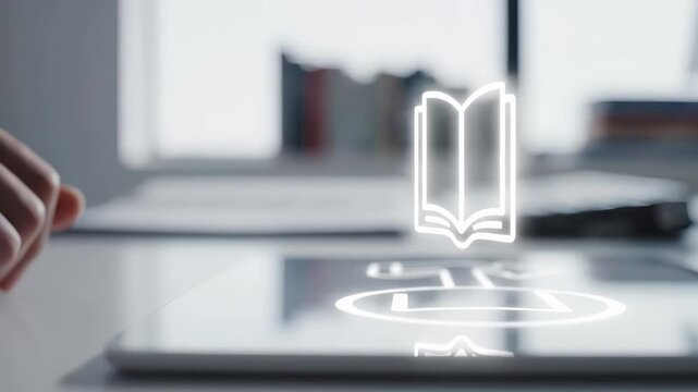 Person points at floating book above tablet device. Digital reading and ebook concept with virtual library interface. Represents online education, electronic publishing, distance learning, literature