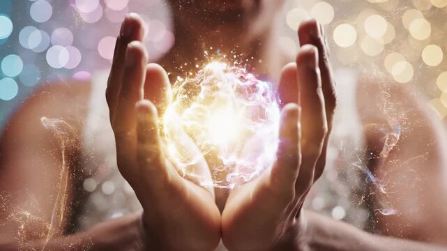 Praying hands with glowing golden smoke and light particles. Spirituality, faith, and inner peace concept. Divine connection, meditation, and sacred intention in ethereal atmosphere.