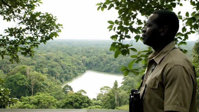 Ranger watches rainforest through binoculars near lake view. Man observes jungle with binoculars overlooking rainforest lake. Ranger surveys tropical forest. Binoculars help ranger watch jungle.