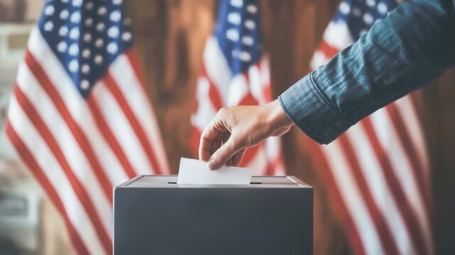 Hand of a person placing a paper ballot into a black ballot box with American flags in the background, wearing casual clothing. symbolizing civic responsibility and national elections.