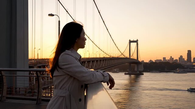 Woman watches sunset at bridge railing overlooking water. Suspension bridge connects city during golden sunset. Woman contemplates view from bridge. Sunset reflects on water near bridge and skyline.
