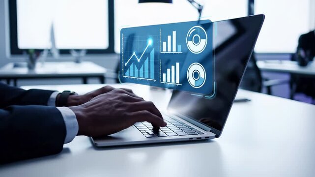 Business professional analyzing digital analytics dashboard on laptop. Data visualization with charts, graphs, and statistical diagrams for performance monitoring, financial analysis, and intelligence