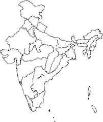 Fototapeta premium Outline map of India showing state borders and islands in black and white India map India outline