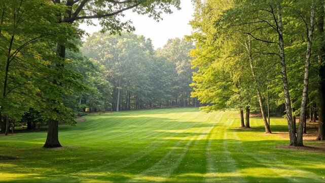 Sunlit greenery: serene park scene with lush trees and manicured lawn