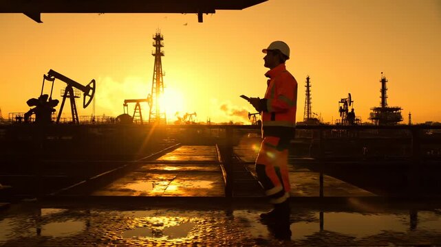 Oil worker walks with tablet at sunset near pump jack field. Worker inspects oil field during sunset with pump equipment. Oil industry worker at petroleum field checks tablet. Sunset at oil field.