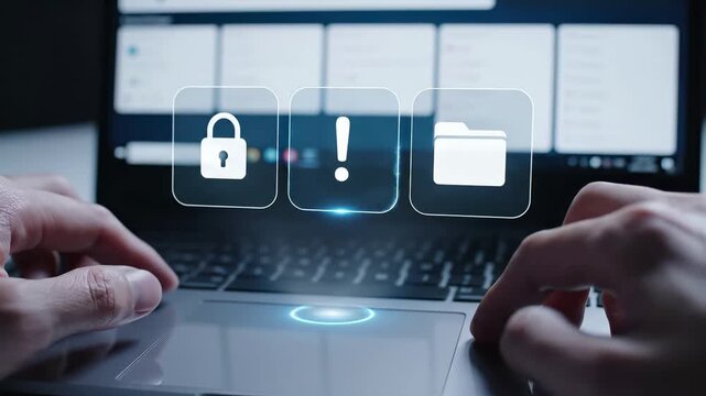 Person using laptop with virtual security icons overlay. Cybersecurity interface with lock, warning alert and folder symbols. Data protection and digital privacy concept for it management. Network